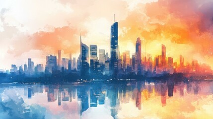 Fototapeta premium Serene cityscape at sunset with water reflections