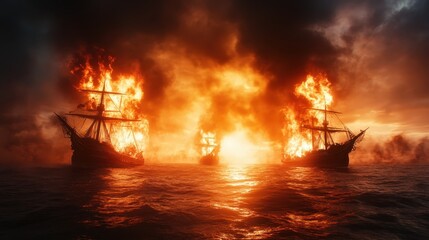 Three burning ships silhouetted against a fiery sunset create a powerful image of destruction and human conflict, representing history's dramatic moments on the high seas.