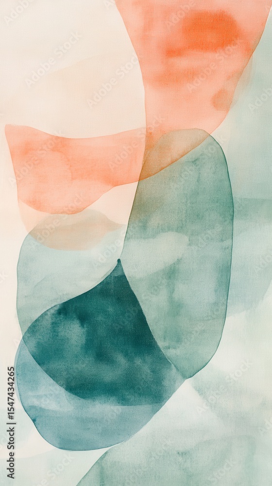 Poster abstract painting with teal and peach colored shapes in studio