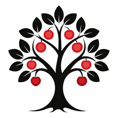 Stylized apple tree with red fruit and black leaves isolated on white