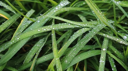 Close-up of grass blades glistening with water droplets outdoors