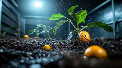 Young pepper plants growing in rich soil illuminated by artificial light with water droplets visible