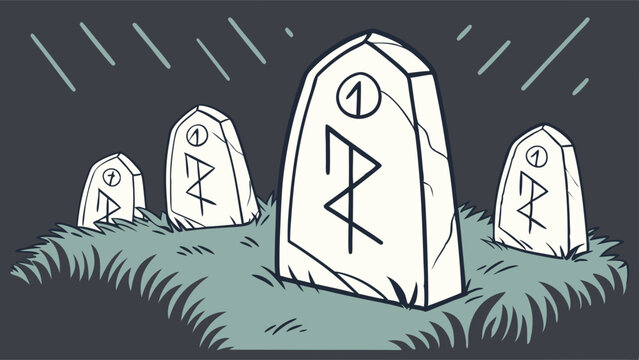 Cartoon vector illustration of ancient Norse Algiz rune stones in a dark, rainy graveyard, mystical Viking symbols on weathered monuments in grass.