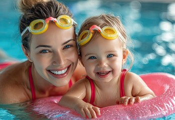 a woman and baby in an indoor swimming pool, both wearing red swimsuits with yellow goggles on their heads as they hold onto the edge of a pink floatie.