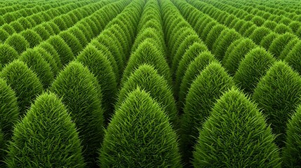 Lush green shrubbery plantation Rows of vibrant densely packed conical evergreen bushes