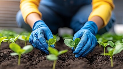 Person planting young seedlings in rich soil wearing blue gloves hands