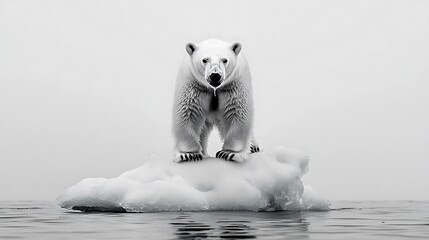 Polar bear standing on a small ice floe in calm water Monochrome image