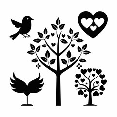 Silhouette of tree heart and bird isolated on white background