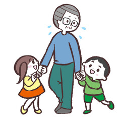 	子供と遊ぶおじいさんが疲れているイラスト