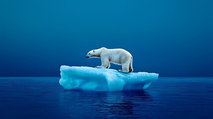 Polar bear standing on a small iceberg in the Arctic ocean A deep blue sky and calm water surround the ice