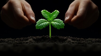 Young plant seedling in soil hands gently cradling it against a dark background