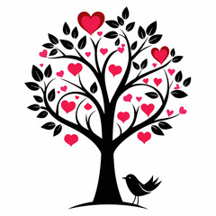 Obraz premium Tree with heart shaped leaves and a bird isolated on white background