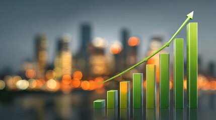 Green graph line rising on bar chart. Stock market price growth, financial profit success in investment business.