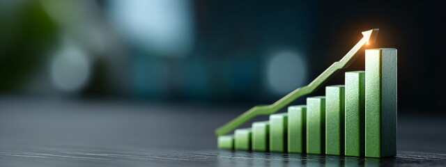 Green graph line rising on bar chart. Stock market price growth, financial profit success in investment business.