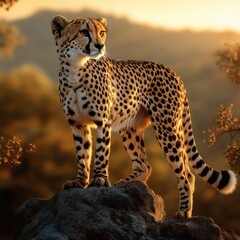 Fototapeta premium Cheetah standing on rock at sunset in African savanna