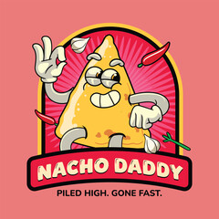 Cute Nachos Mexican Food Cartoon Characters in Retro 70s Illustration