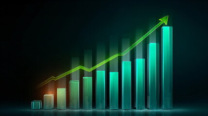 Green graph line rising on bar chart. Stock market price growth, financial profit success in investment business.