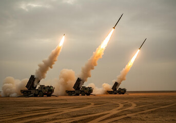 multiple missile launcher systems firing rockets in desert landscape
