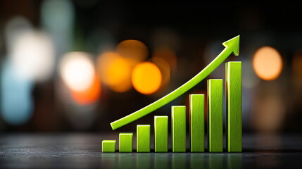 Green graph line rising on bar chart. Stock market price growth, financial profit success in investment business.