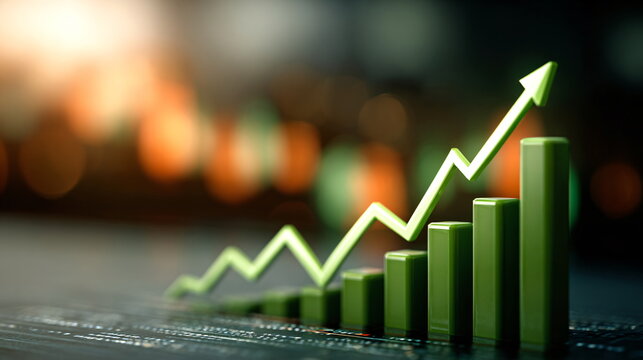 Green graph line rising on bar chart. Stock market price growth, financial profit success in investment business.