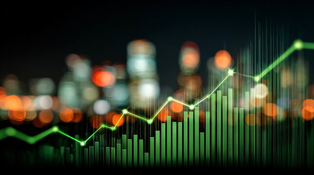 Green graph line rising on bar chart. Stock market price growth, financial profit success in investment business.