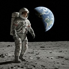 A realistic depiction of an astronaut walking on the moon's surface with Earth in the background.