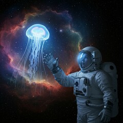 An astronaut reaches toward a glowing energy sphere in space, representing exploration and cosmic connection.