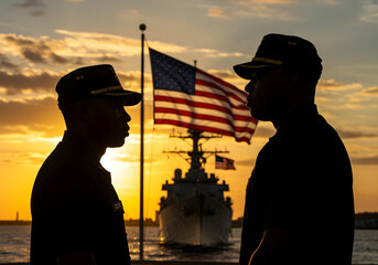 us navy sailors silhouetted against american flag and warship sunset
