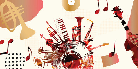 Music background with colorful music instruments and vinyl record disc vector illustration. Music festival poster with double bell euphonium, violoncello, trumpet, piano, euphonium, sax and guitar