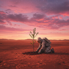 A surreal illustration of an astronaut resting beside a small tree on a red alien planet during sunset.