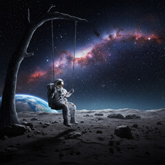 A dreamlike scene of a person swinging from a cosmic arc, surrounded by stars and galaxies.