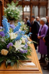 A wooden casket with flowers on it. The flowers are blue and white. There are people standing around the casket
