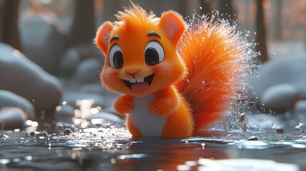 Fototapeta premium Cute cartoon squirrel in a wintery forest scene
