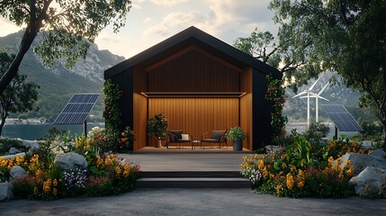 Modern eco friendly house with solar panels and wind turbines nestled in a lush garden near mountains and a lake