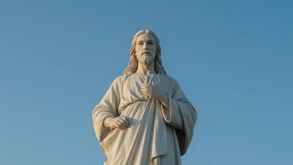 Fototapeta premium The statue of Jesus Christ standing tall against a dramatic sky symbolizes faith, hope, and spirituality, while the clouds add a sense of divine presence and tranquility