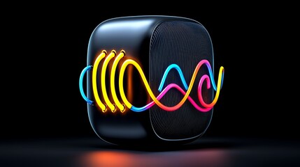 Abstract 3D rendering Black cube with vibrant neon light lines Lights Colorful
