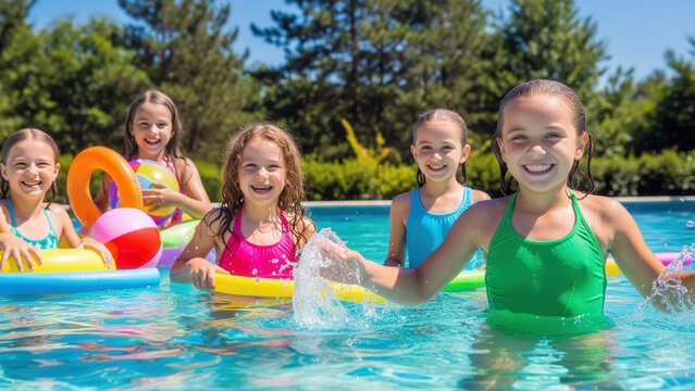 Smiling young girls enjoy a sunny summer day playing with inflatable rings and beach balls in a bright outdoor swimming pool.