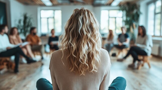 A group therapy session captured from behind, showcasing a diverse group of individuals engaging in discussion, fostering community and emotional healing.