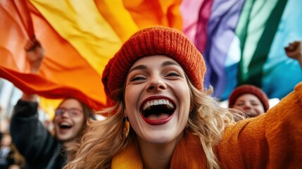 Fototapeta premium A spirited woman, wearing a colorful outfit, joyously celebrates with others while waving vibrant rainbow flags, symbolizing diversity and inclusion during a lively event.