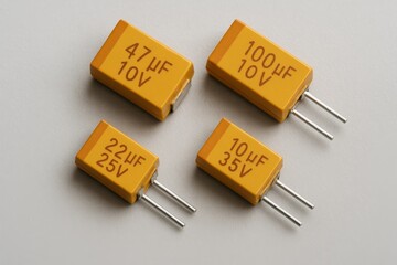 Close-Up View of Tantalum Capacitors Mounted on PCB Circuit