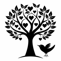 Obraz premium Tree with heart shaped leaves and a bird isolated on white background