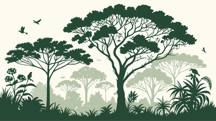 Green forest silhouette vector illustration with diverse tree canopies, flying birds, and lush tropical undergrowth. Layered nature wildlife landscape art.