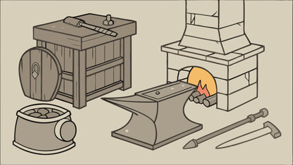 Fototapeta premium Isometric cartoon illustration of a medieval fantasy blacksmith workshop. Features anvil, glowing forge, quenching tub, workbench, hammer, sword, spear, and shield.