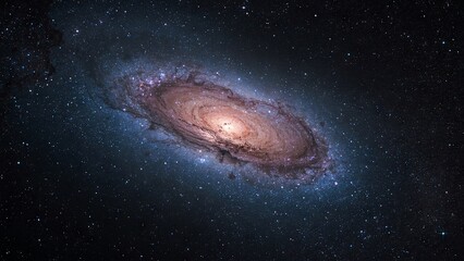 Fototapeta premium A stunning view of a spiral galaxy in the depths of space, surrounded by millions of stars, nebulae and dark matter against the backdrop of the boundless starry sky in the Universe