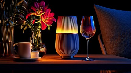 Illuminated speaker wine glass flowers and mug on a wooden table at night