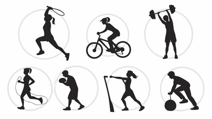 Fototapeta premium Black Silhouettes of People Exercising Diverse Fitness Activities. Includes Cycling, Weightlifting, Boxing, Jump Rope, Hula Hoop, Rowing, Kettlebell.