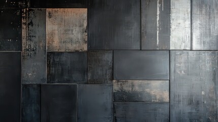 A dark abstract wall made of metal panels with varying textures and shades of gray and black colors