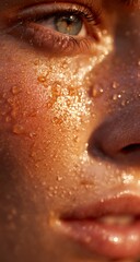Golden honey drop on light pinkish orange skin texture with glistening droplets, blurred background ideal for skincare ads, cosmetic packaging, and beauty product visuals. 