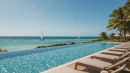 Obraz premium Swimming pool overlooking the vast ocean horizon, capturing the serene blend of sparkling blue water, gentle waves, and endless sky, evoking relaxation, luxury, and a peaceful coastal retreat atmosphe