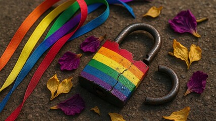 Broken padlock painted with the rainbow flag resting on the ground among colorful ribbons and flower petals, symbolizing the fight for lgbtq+ rights and freedom